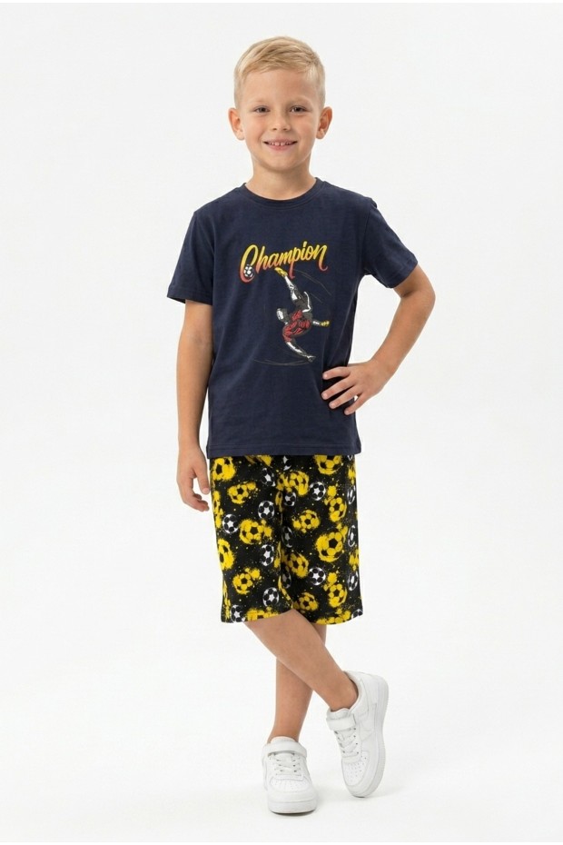 Erkek Çocuk Futbolcu Baskılı Kısa Kollu Süprem Kumaş Şortlu Takım 