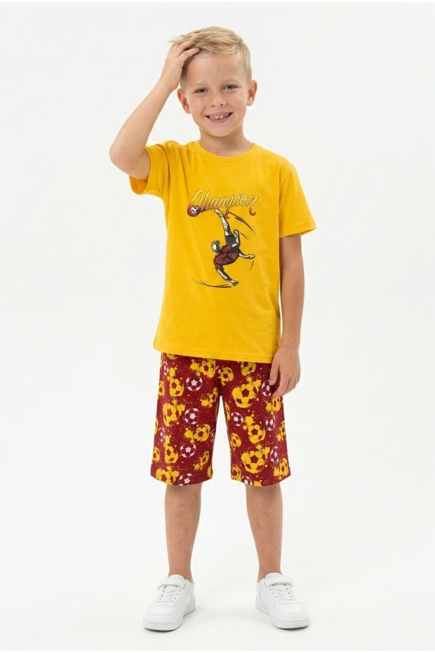 Erkek Çocuk Futbolcu Baskılı Kısa Kollu Süprem Kumaş Şortlu Takım 