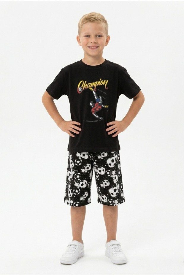 Erkek Çocuk Futbolcu Baskılı Kısa Kollu Süprem Kumaş Şortlu Takım 