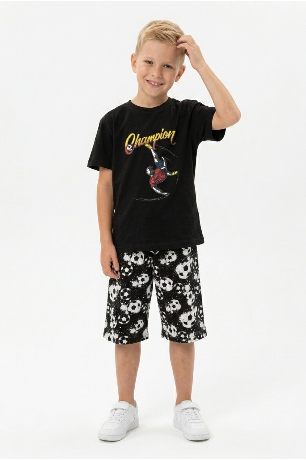 Erkek Çocuk Futbolcu Baskılı Kısa Kollu Süprem Kumaş Şortlu Takım 