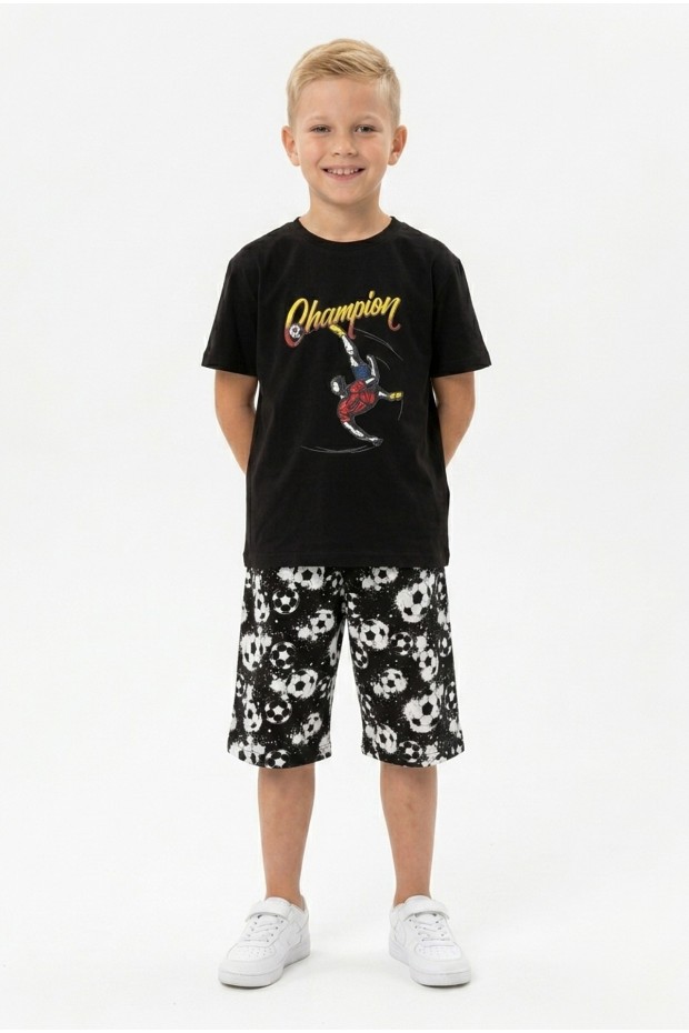 Erkek Çocuk Futbolcu Baskılı Kısa Kollu Süprem Kumaş Şortlu Takım 