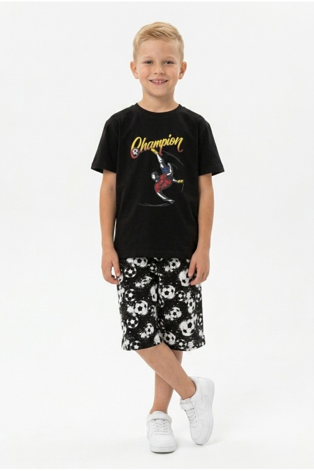 Erkek Çocuk Futbolcu Baskılı Kısa Kollu Süprem Kumaş Şortlu Takım 