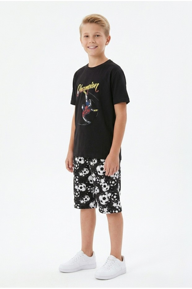 Garson Erkek Çocuk Futbolcu Baskılı Kısa Kollu Süprem Kumaş Şortlu Takım 