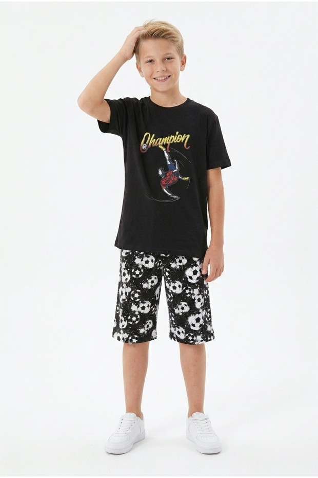 Garson Erkek Çocuk Futbolcu Baskılı Kısa Kollu Süprem Kumaş Şortlu Takım 