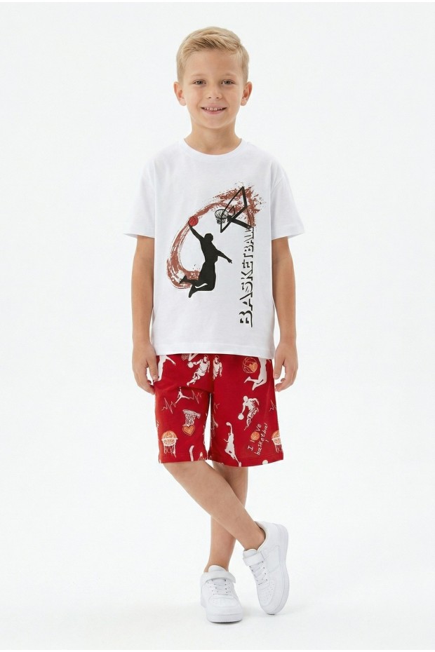 Erkek Çocuk Basketbol Baskılı Kısa Kollu Süprem Kumaş Şortlu Takım 