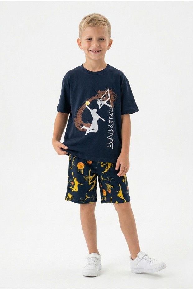 Erkek Çocuk Basketbol Baskılı Kısa Kollu Süprem Kumaş Şortlu Takım 