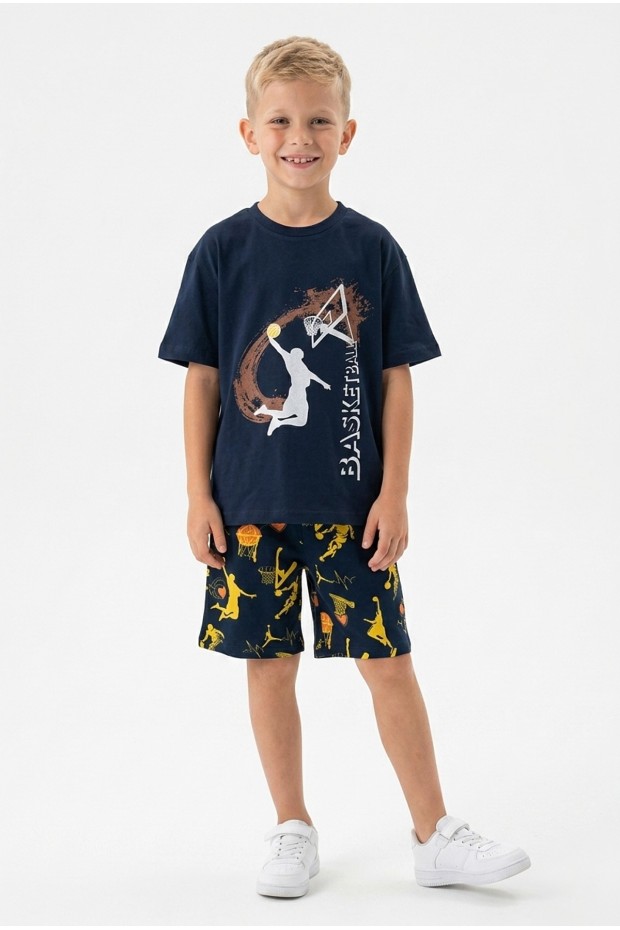 Erkek Çocuk Basketbol Baskılı Kısa Kollu Süprem Kumaş Şortlu Takım 