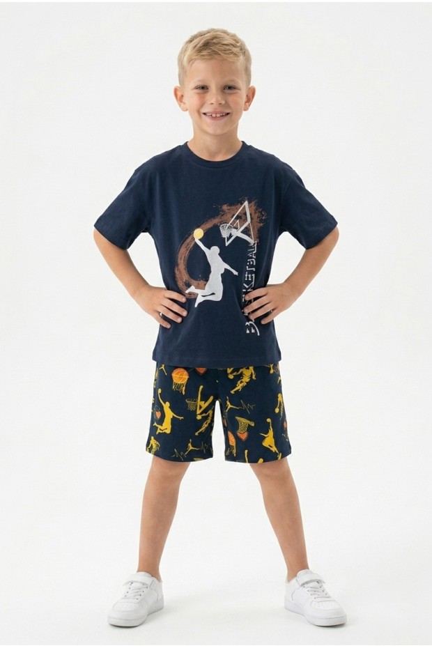 Erkek Çocuk Basketbol Baskılı Kısa Kollu Süprem Kumaş Şortlu Takım 