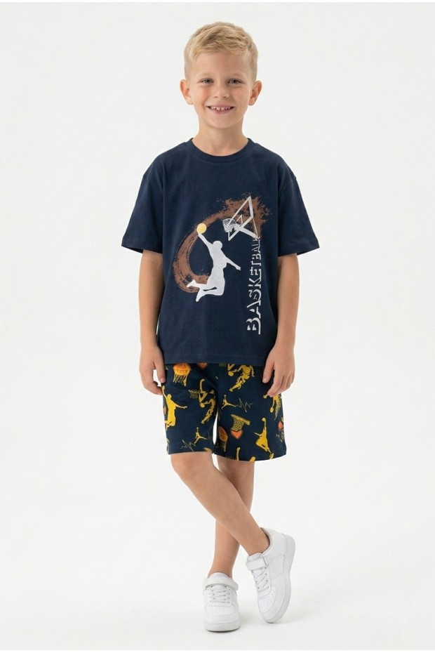 Erkek Çocuk Basketbol Baskılı Kısa Kollu Süprem Kumaş Şortlu Takım 