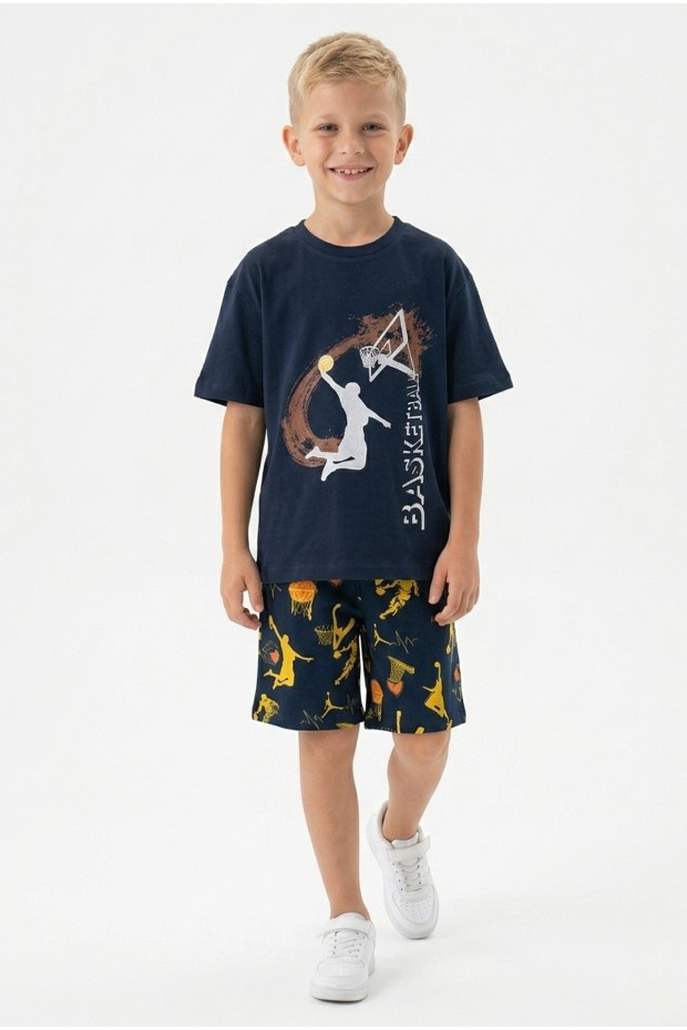 Erkek Çocuk Basketbol Baskılı Kısa Kollu Süprem Kumaş Şortlu Takım 