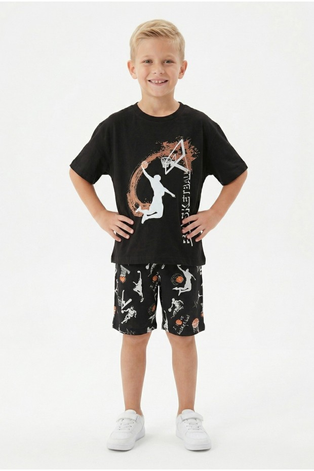 Erkek Çocuk Basketbol Baskılı Kısa Kollu Süprem Kumaş Şortlu Takım 