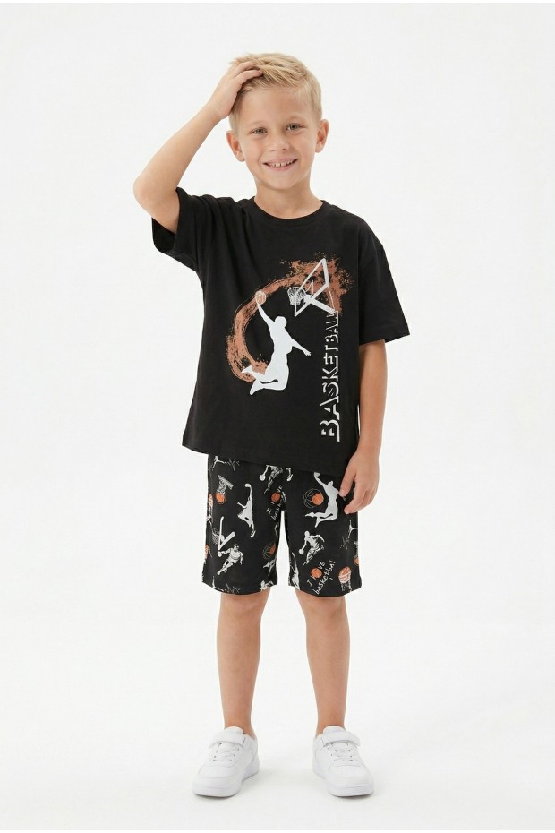 Erkek Çocuk Basketbol Baskılı Kısa Kollu Süprem Kumaş Şortlu Takım 