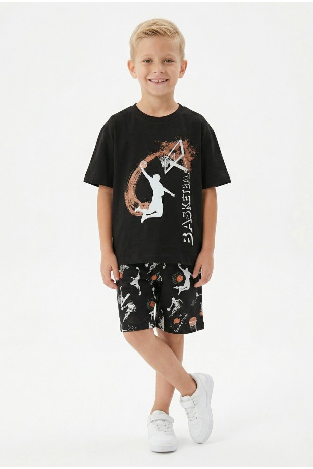Erkek Çocuk Basketbol Baskılı Kısa Kollu Süprem Kumaş Şortlu Takım 