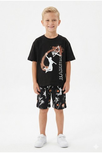 Erkek Çocuk Basketbol Baskılı Kısa Kollu Süprem Kumaş Şortlu Takım 