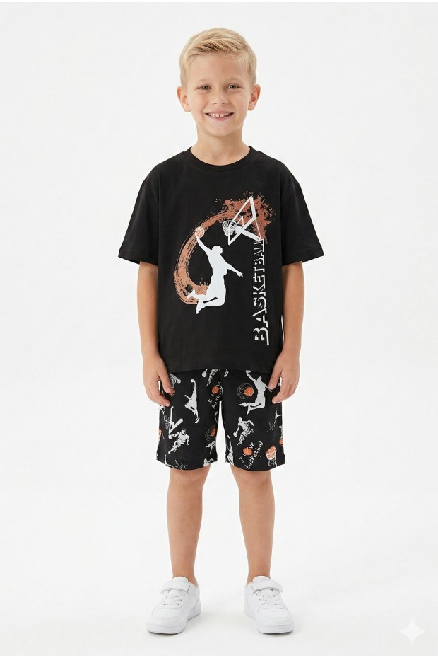 Erkek Çocuk Basketbol Baskılı Kısa Kollu Süprem Kumaş Şortlu Takım 