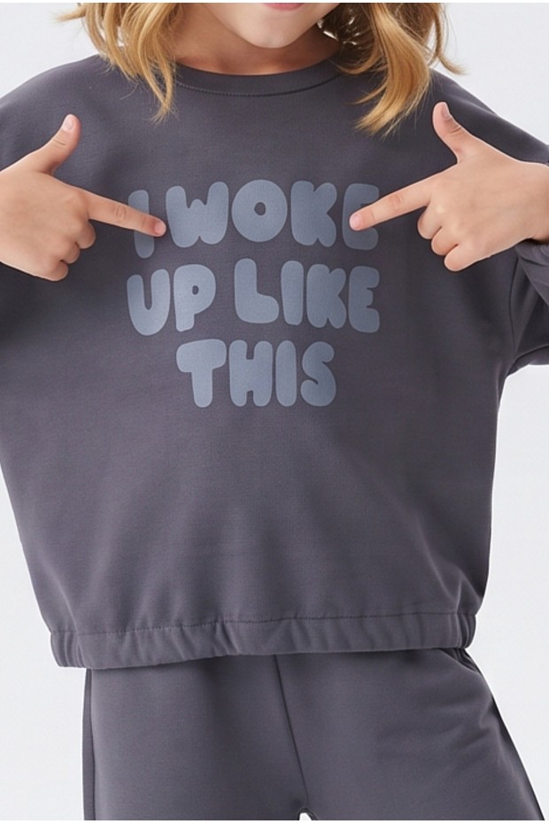 Kız Çocuk Baskılı Sweatın Eteği Lastikli %100 Pamuk Süprem Penye Kumaş Uzun Kollu Bol Paçalı Pijama Takımı