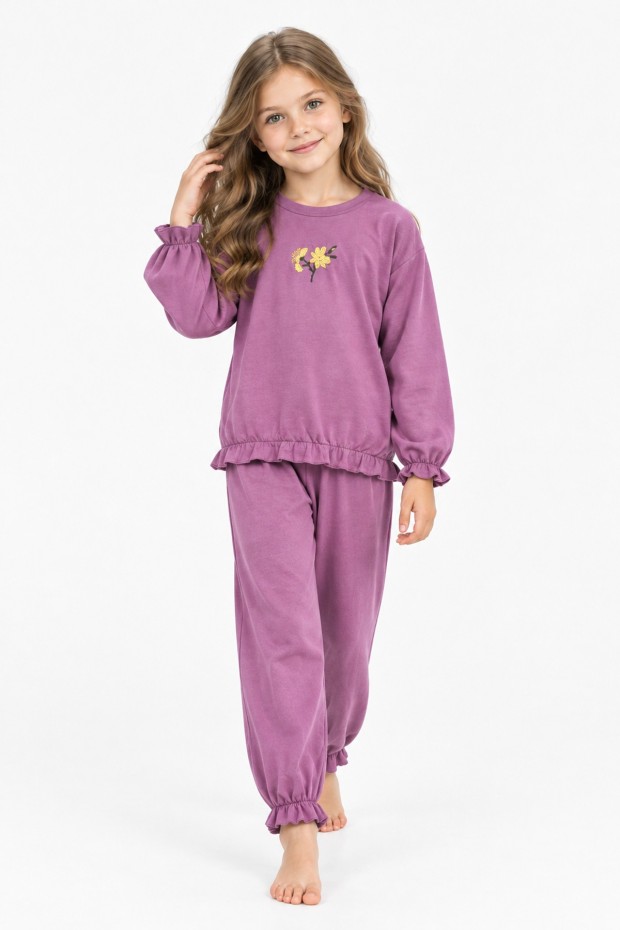 Kız Çocuk Çiçek Nakışlı Kol ve Paça Büzgülü %100 Pamuk Süprem Kumaş Uzun Kollu Pijama Takımı