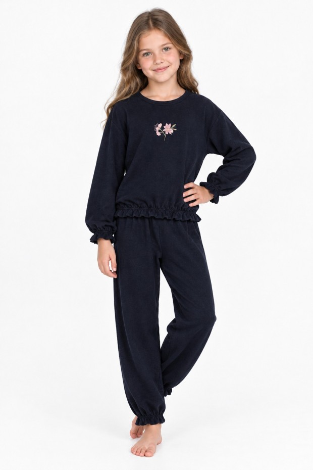 Kız Çocuk Çiçek Nakışlı Kol ve Paça Büzgülü %100 Pamuk Süprem Kumaş Uzun Kollu Pijama Takımı 