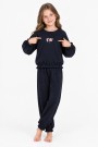 Kız Çocuk Çiçek Nakışlı Kol ve Paça Büzgülü %100 Pamuk Süprem Kumaş Uzun Kollu Pijama Takımı 