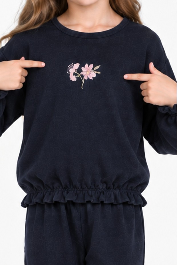 Kız Çocuk Çiçek Nakışlı Kol ve Paça Büzgülü %100 Pamuk Süprem Kumaş Uzun Kollu Pijama Takımı 