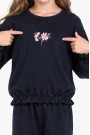 Kız Çocuk Çiçek Nakışlı Kol ve Paça Büzgülü %100 Pamuk Süprem Kumaş Uzun Kollu Pijama Takımı 