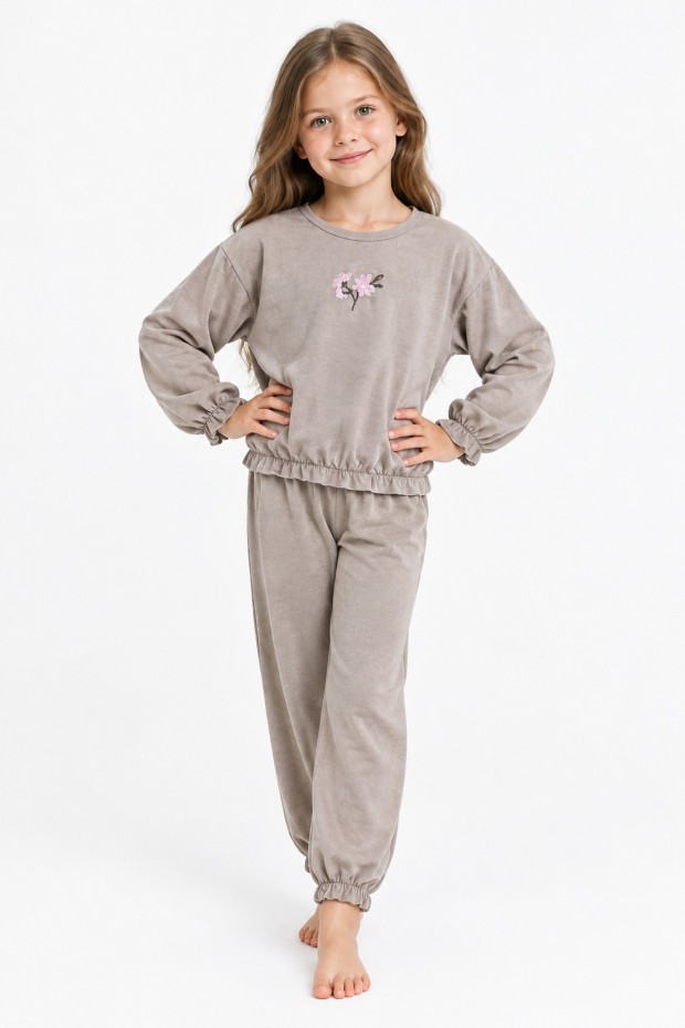 Kız Çocuk Çiçek Nakışlı Kol ve Paça Büzgülü %100 Pamuk Süprem Kumaş Uzun Kollu Pijama Takımı 