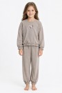 Kız Çocuk Çiçek Nakışlı Kol ve Paça Büzgülü %100 Pamuk Süprem Kumaş Uzun Kollu Pijama Takımı 