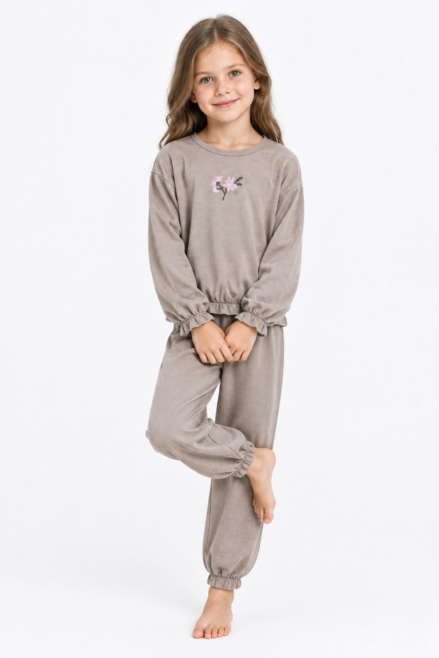 Kız Çocuk Çiçek Nakışlı Kol ve Paça Büzgülü %100 Pamuk Süprem Kumaş Uzun Kollu Pijama Takımı 
