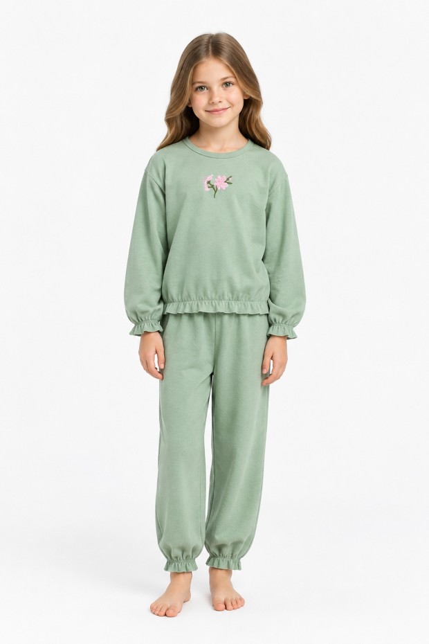 Kız Çocuk Çiçek Nakışlı Kol ve Paça Büzgülü %100 Pamuk Süprem Kumaş Uzun Kollu Pijama Takımı 
