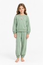 Kız Çocuk Çiçek Nakışlı Kol ve Paça Büzgülü %100 Pamuk Süprem Kumaş Uzun Kollu Pijama Takımı 