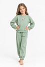 Kız Çocuk Çiçek Nakışlı Kol ve Paça Büzgülü %100 Pamuk Süprem Kumaş Uzun Kollu Pijama Takımı 