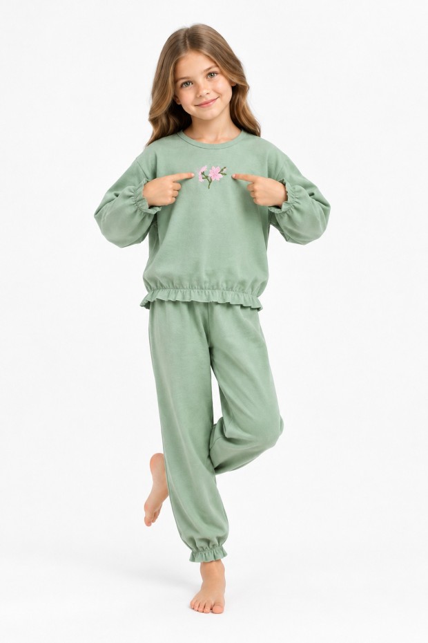 Kız Çocuk Çiçek Nakışlı Kol ve Paça Büzgülü %100 Pamuk Süprem Kumaş Uzun Kollu Pijama Takımı 