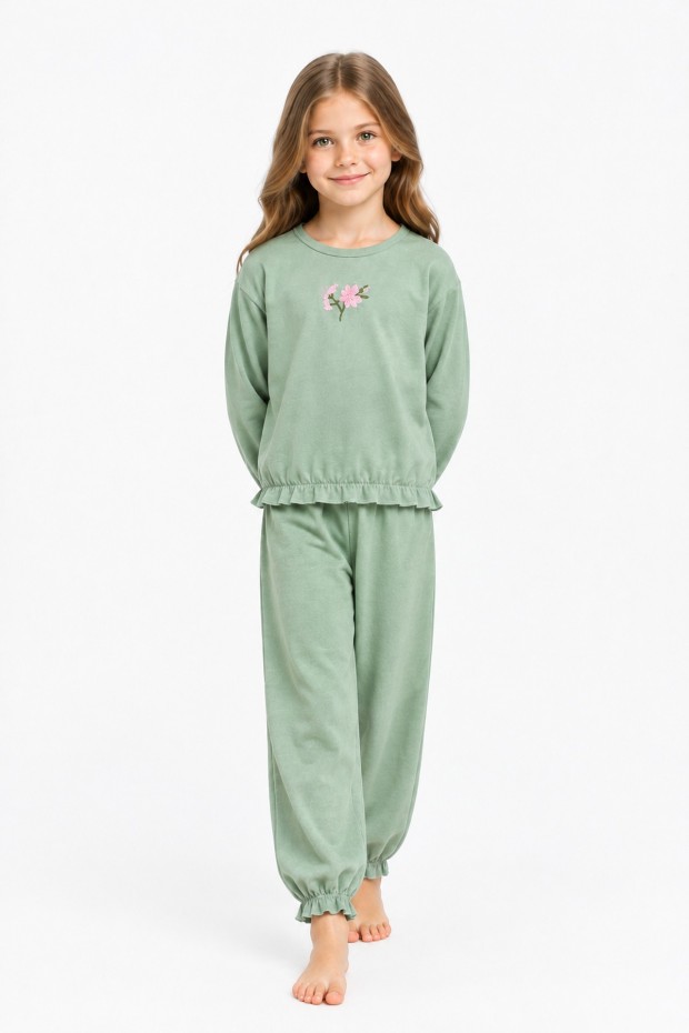 Kız Çocuk Çiçek Nakışlı Kol ve Paça Büzgülü %100 Pamuk Süprem Kumaş Uzun Kollu Pijama Takımı 