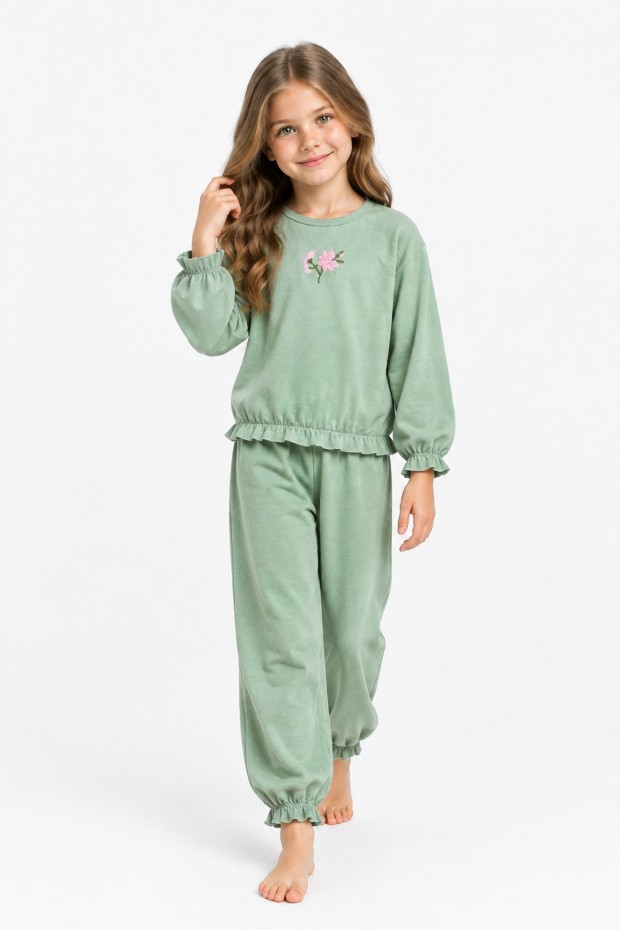 Kız Çocuk Çiçek Nakışlı Kol ve Paça Büzgülü %100 Pamuk Süprem Kumaş Uzun Kollu Pijama Takımı 