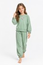 Kız Çocuk Çiçek Nakışlı Kol ve Paça Büzgülü %100 Pamuk Süprem Kumaş Uzun Kollu Pijama Takımı 