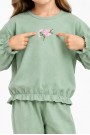 Kız Çocuk Çiçek Nakışlı Kol ve Paça Büzgülü %100 Pamuk Süprem Kumaş Uzun Kollu Pijama Takımı 