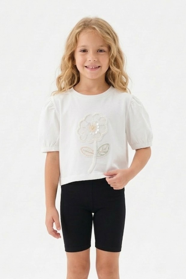 Kız Çocuk Süprem Kumaş Karpuz Kol Detaylı İnci ve Pul İşlemeli Çiçek Nakışlı Pamuklu Kısa Kollu Tişört