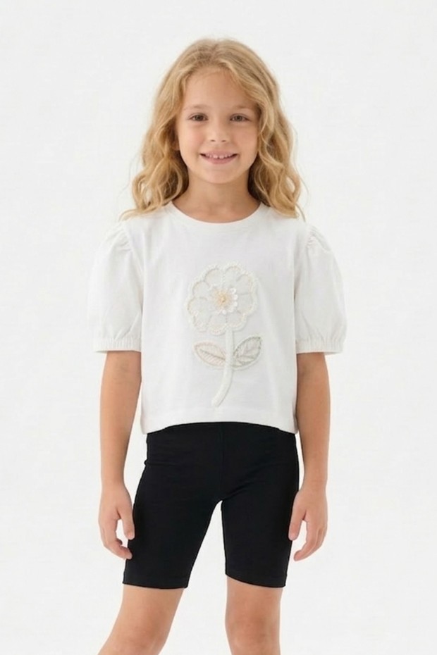Kız Çocuk Süprem Kumaş Karpuz Kol Detaylı İnci ve Pul İşlemeli Çiçek Nakışlı Pamuklu Kısa Kollu Tişört