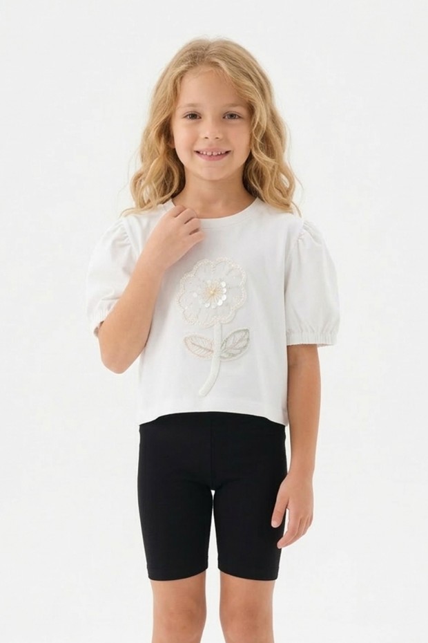 Kız Çocuk Süprem Kumaş Karpuz Kol Detaylı İnci ve Pul İşlemeli Çiçek Nakışlı Pamuklu Kısa Kollu Tişört