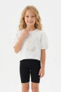 Kız Çocuk Süprem Kumaş Karpuz Kol Detaylı İnci ve Pul İşlemeli Çiçek Nakışlı Pamuklu Kısa Kollu Tişört