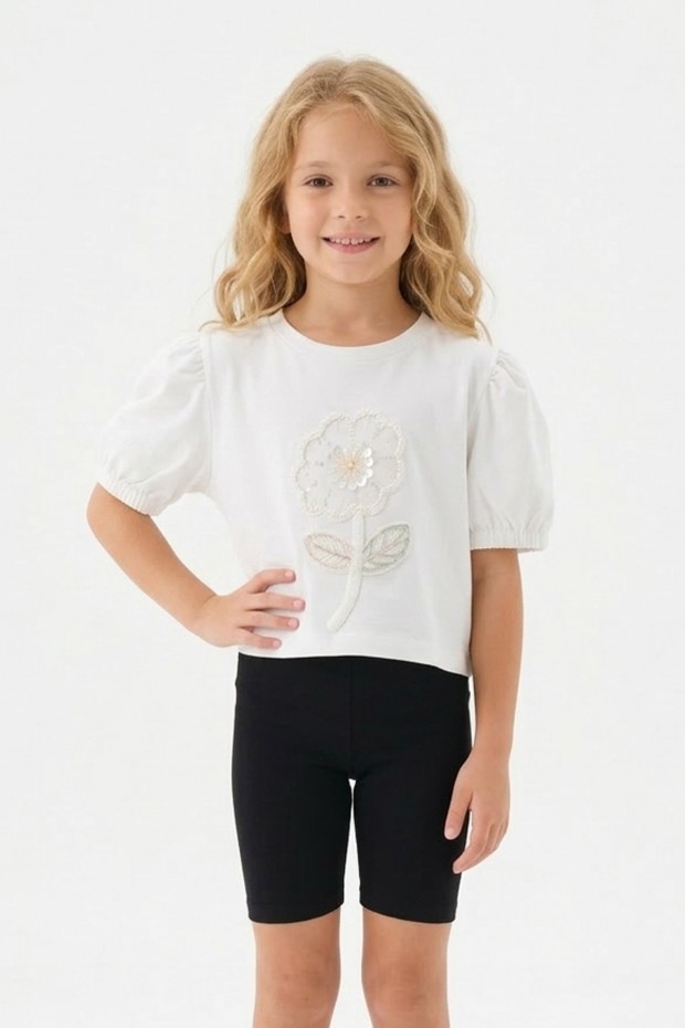 Kız Çocuk Süprem Kumaş Karpuz Kol Detaylı İnci ve Pul İşlemeli Çiçek Nakışlı Pamuklu Kısa Kollu Tişört