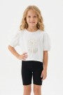 Kız Çocuk Süprem Kumaş Karpuz Kol Detaylı İnci ve Pul İşlemeli Çiçek Nakışlı Pamuklu Kısa Kollu Tişört
