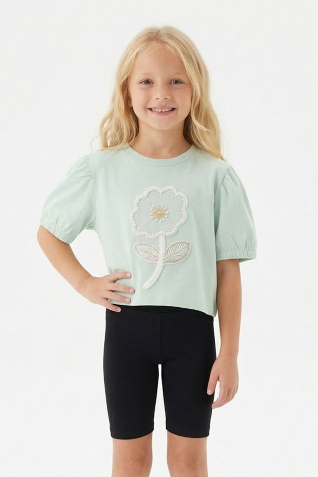 Kız Çocuk Süprem Kumaş Karpuz Kol Detaylı İnci ve Pul İşlemeli Çiçek Nakışlı Pamuklu Kısa Kollu Tişört