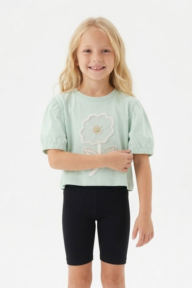 Kız Çocuk Süprem Kumaş Karpuz Kol Detaylı İnci ve Pul İşlemeli Çiçek Nakışlı Pamuklu Kısa Kollu Tişört