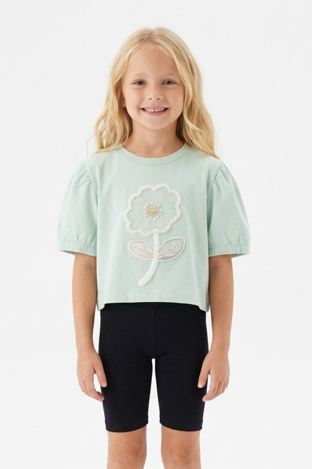 Kız Çocuk Süprem Kumaş Karpuz Kol Detaylı İnci ve Pul İşlemeli Çiçek Nakışlı Pamuklu Kısa Kollu Tişört