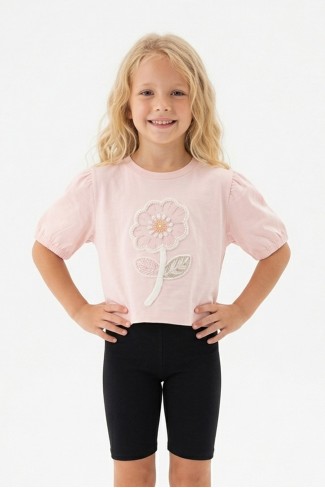 Kız Çocuk Süprem Kumaş Karpuz Kol Detaylı İnci ve Pul İşlemeli Çiçek Nakışlı Pamuklu Kısa Kollu Tişört