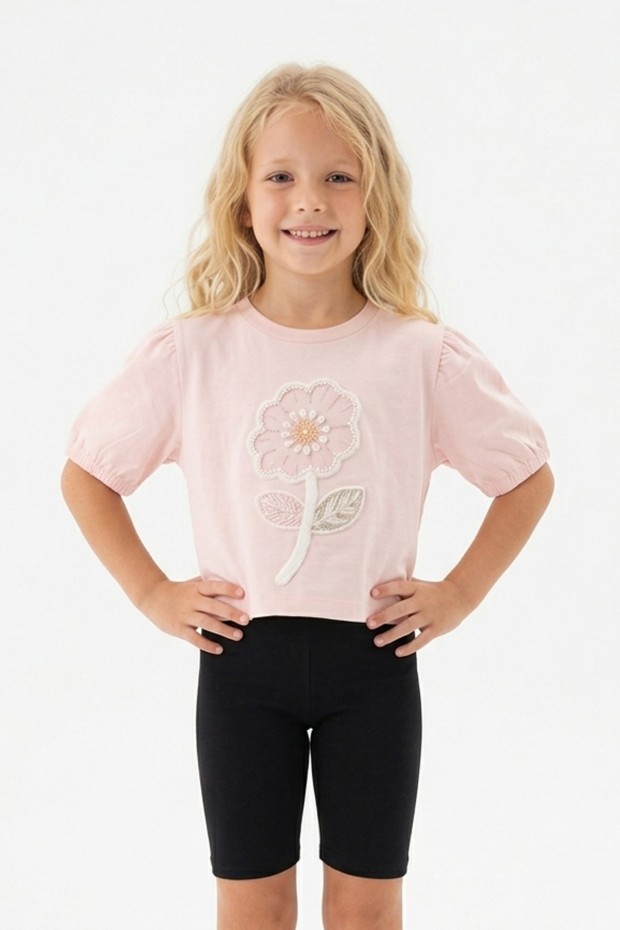 Kız Çocuk Süprem Kumaş Karpuz Kol Detaylı İnci ve Pul İşlemeli Çiçek Nakışlı Pamuklu Kısa Kollu Tişört