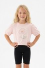 Kız Çocuk Süprem Kumaş Karpuz Kol Detaylı İnci ve Pul İşlemeli Çiçek Nakışlı Pamuklu Kısa Kollu Tişört
