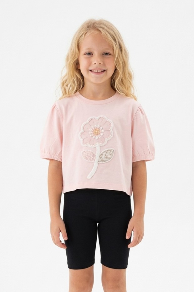 Kız Çocuk Süprem Kumaş Karpuz Kol Detaylı İnci ve Pul İşlemeli Çiçek Nakışlı Pamuklu Kısa Kollu Tişört