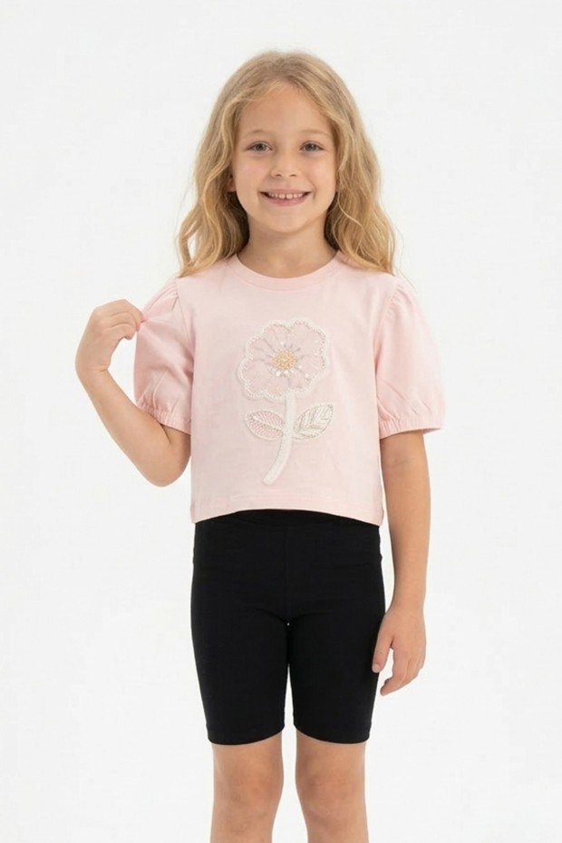 Kız Çocuk Süprem Kumaş Karpuz Kol Detaylı İnci ve Pul İşlemeli Çiçek Nakışlı Pamuklu Kısa Kollu Tişört
